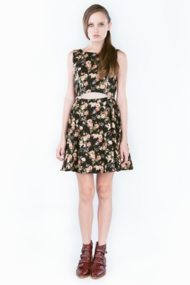 Floral Cut Out Midriff Skater Dress