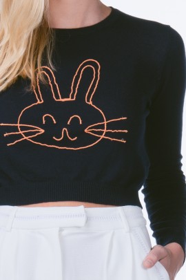 Cropped Embroidered Bunny Sweater