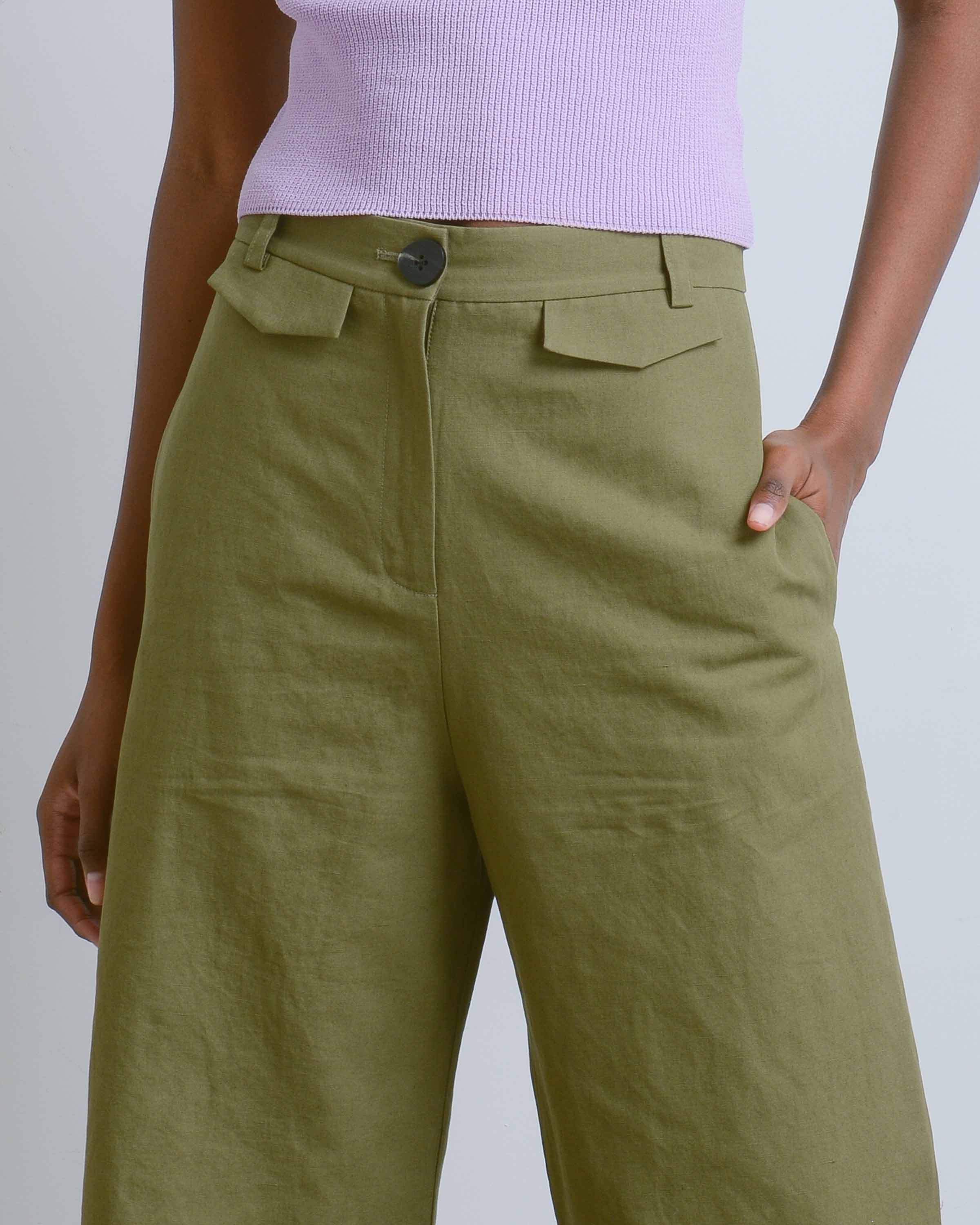 Olive Linen Wide Leg Pants