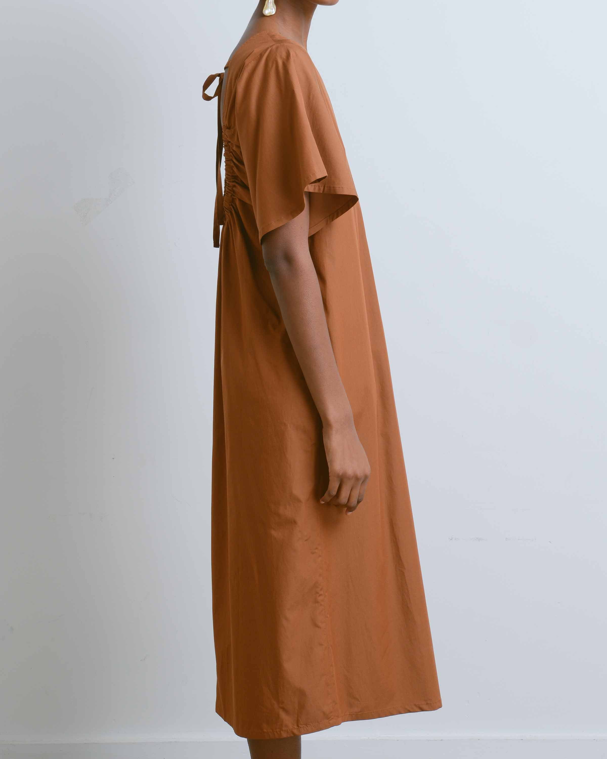 Brown Open Back Shirring Dress