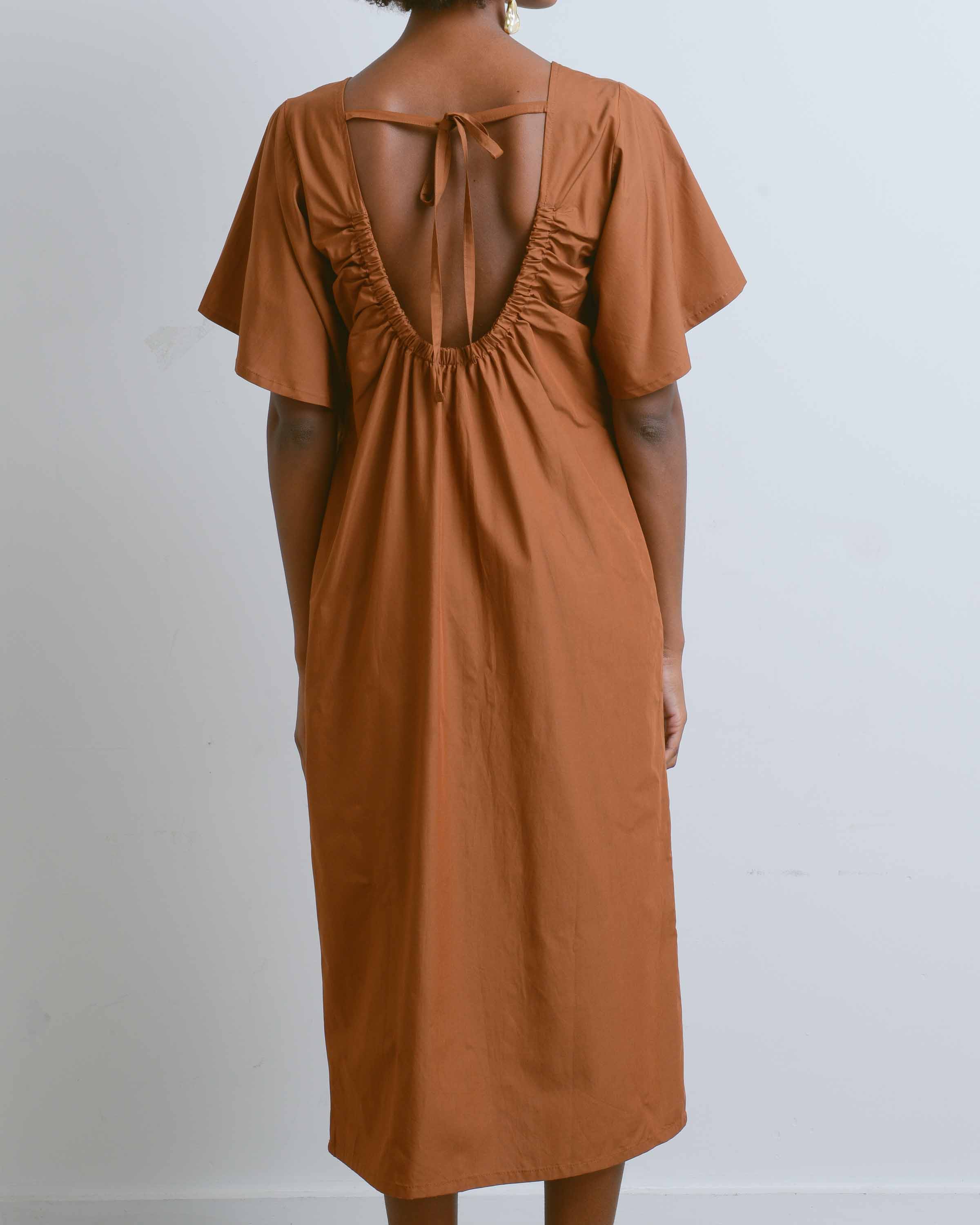 Brown Open Back Shirring Dress