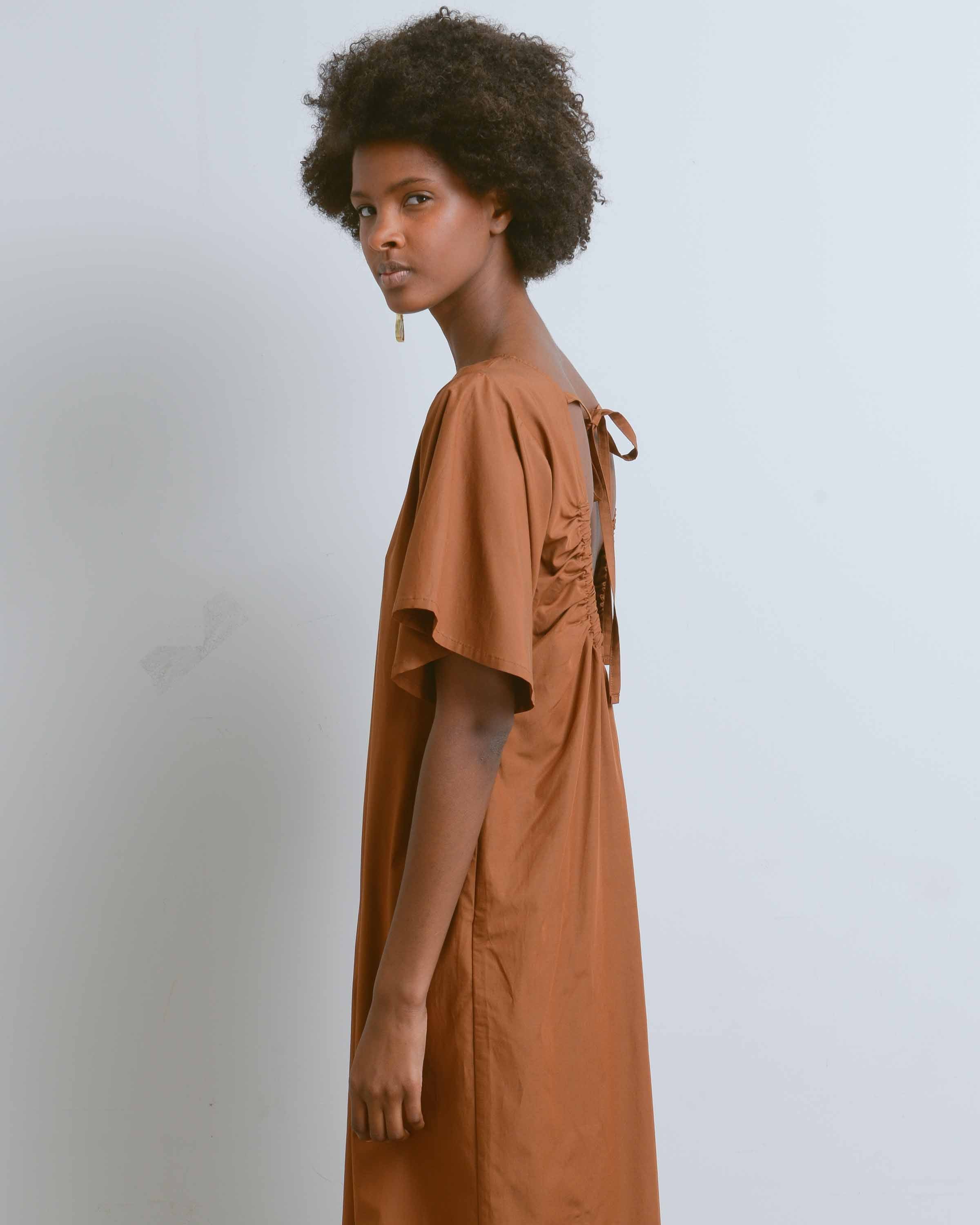 Brown Open Back Shirring Dress