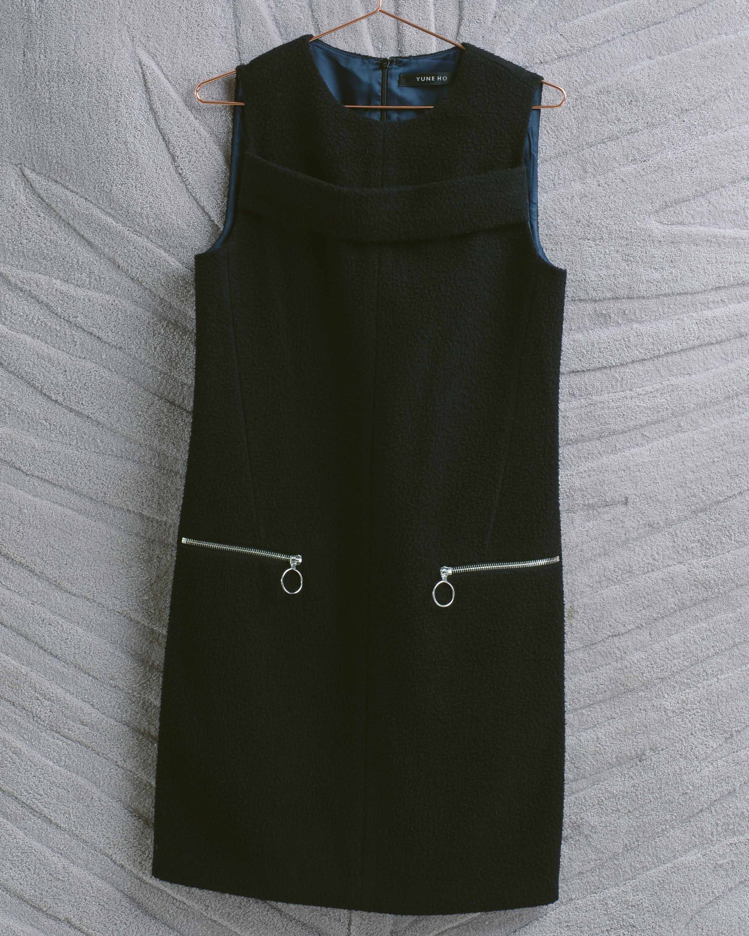 Black Textured Lined Shift Dress with Zippers