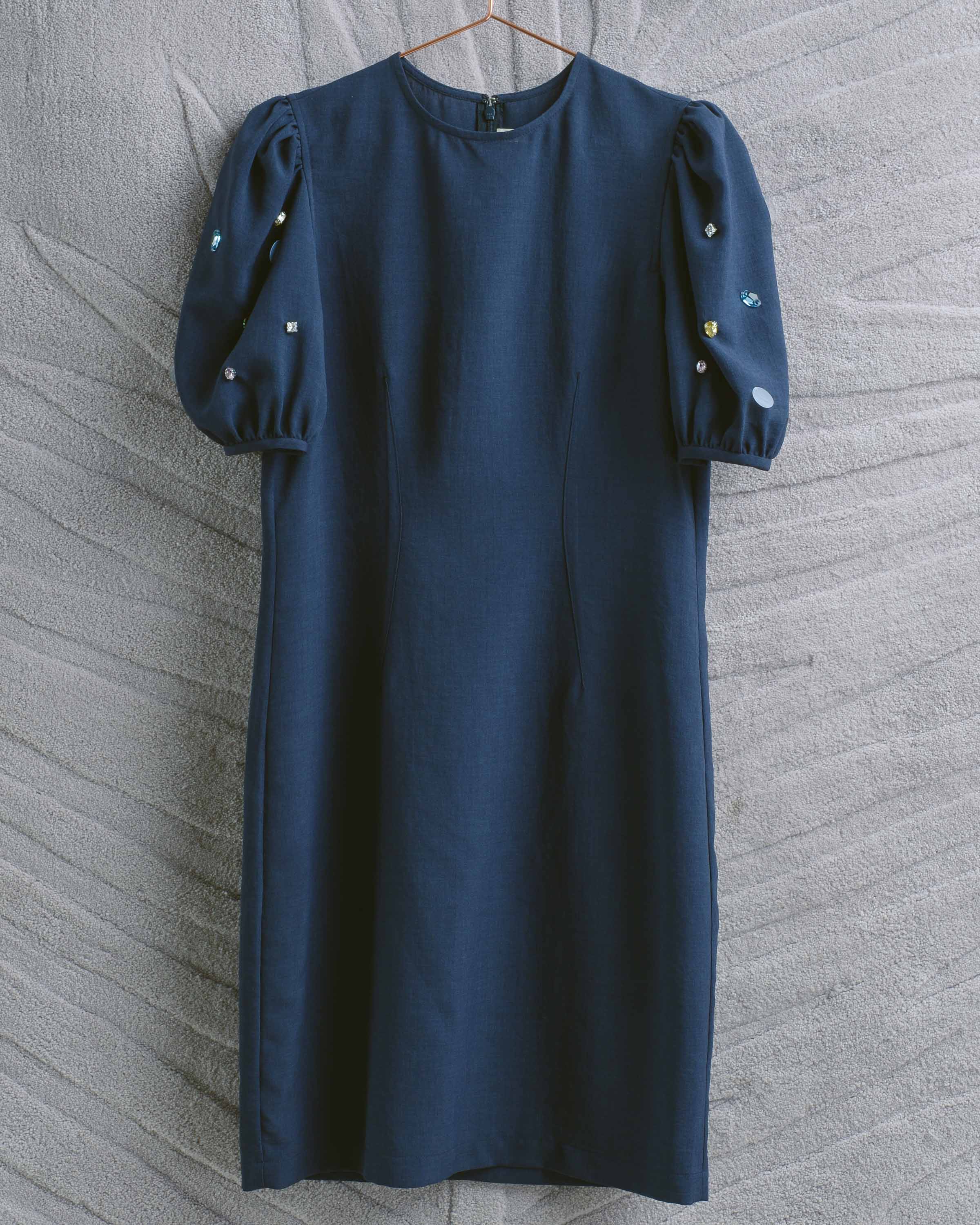 Navy Poof Embellished Sleeve Dress