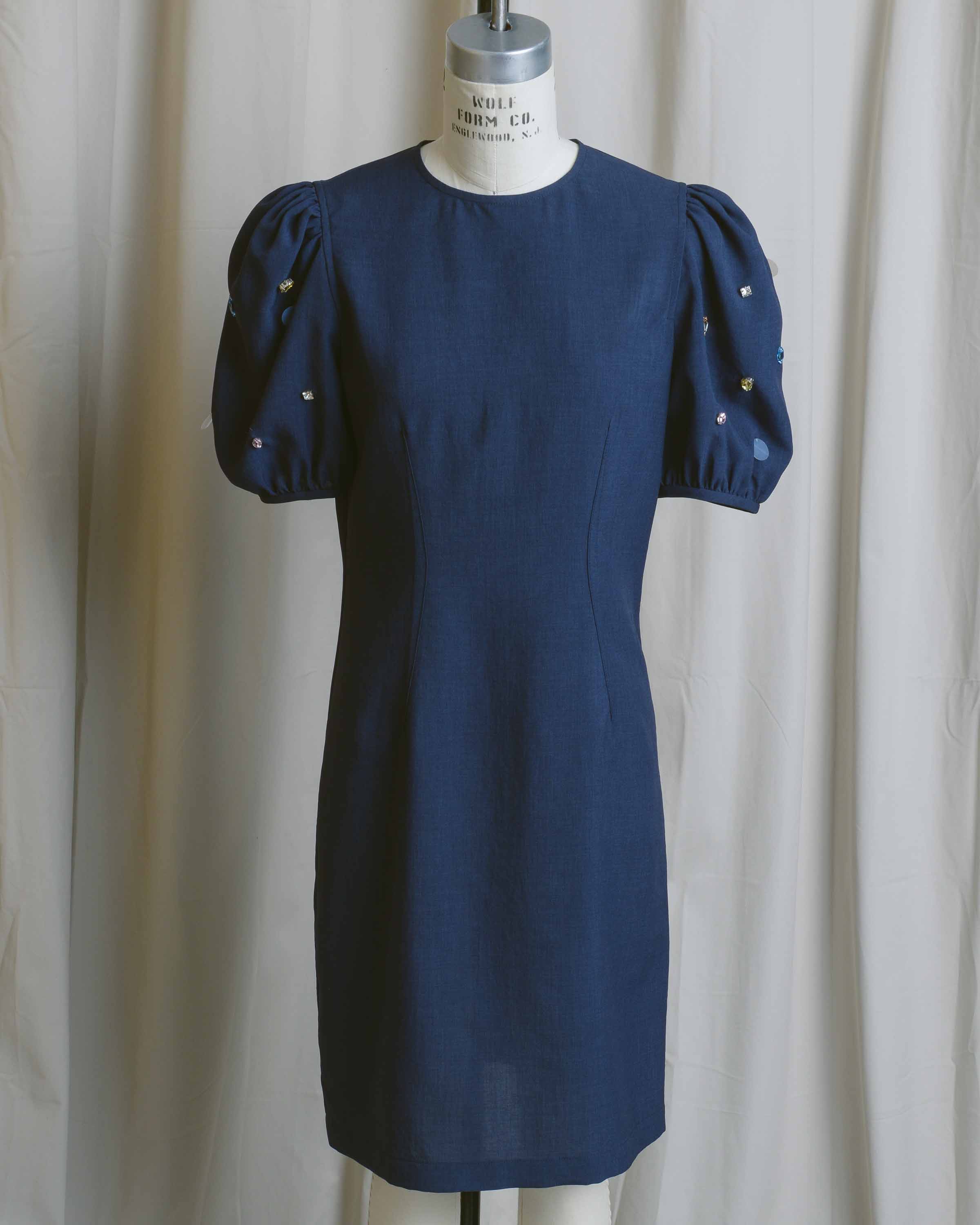 Navy Embellished Puff Sleeve Dress