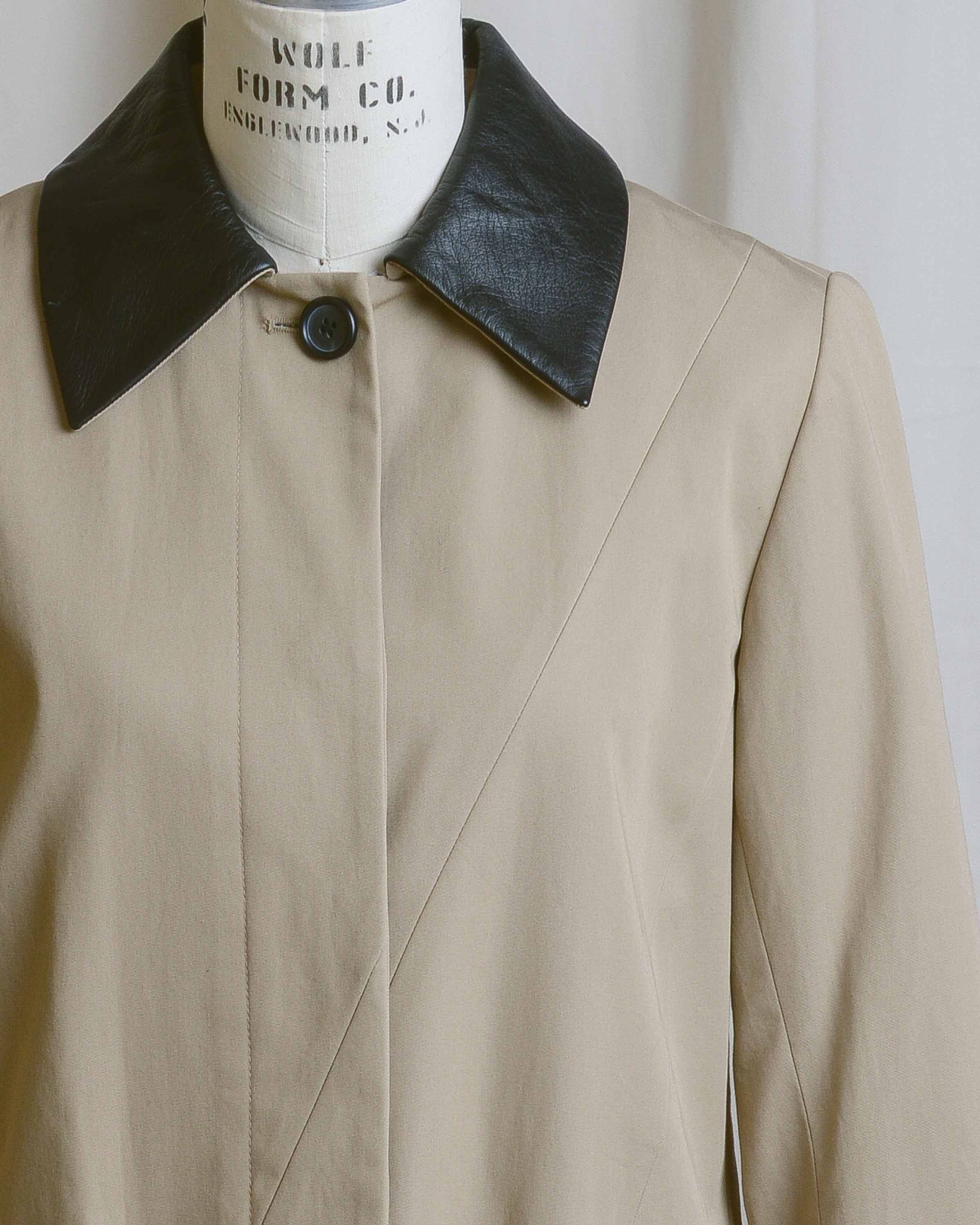 Tan Trench Coat with Contrast Leather Collar