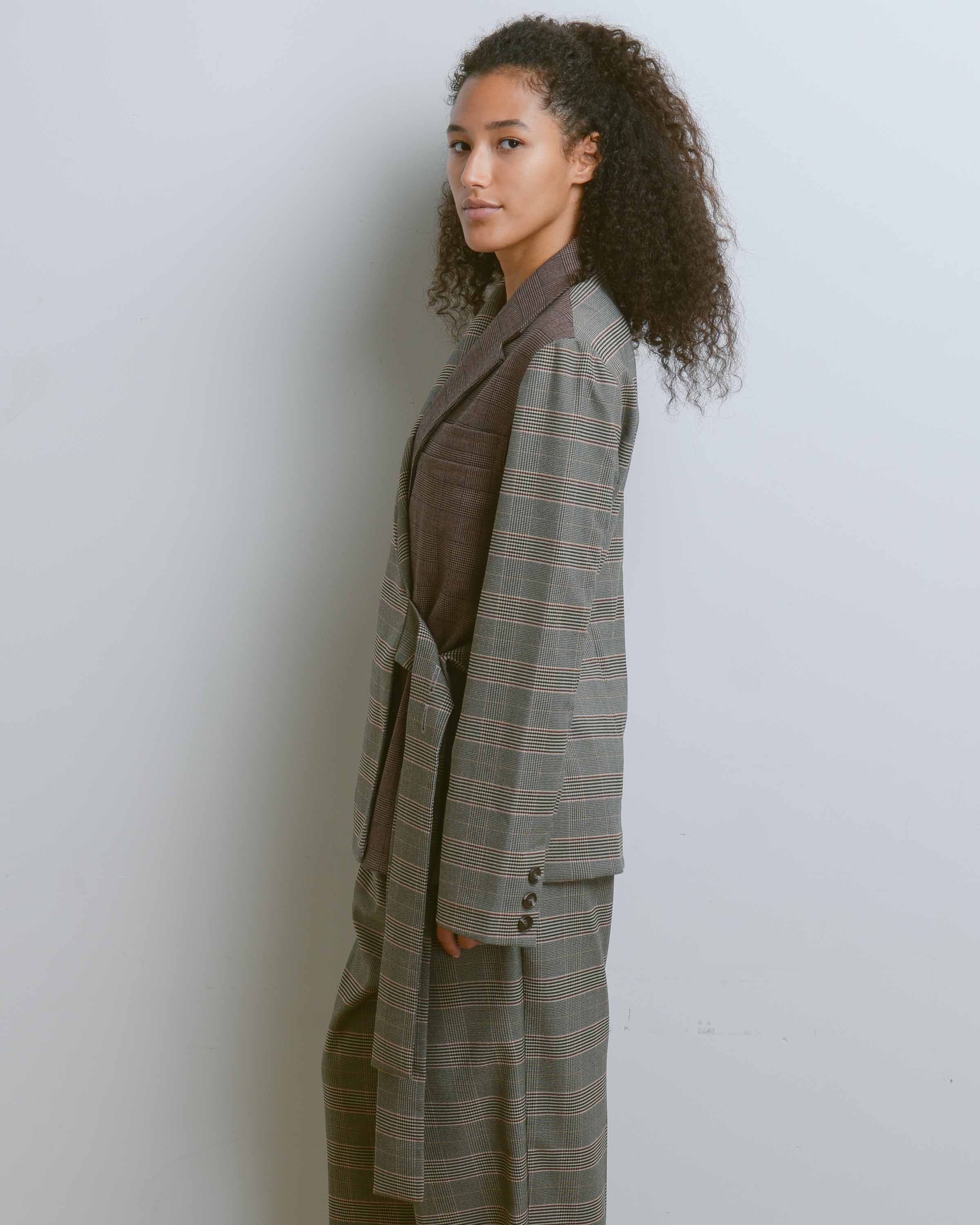 Brown Plaid Color Block Oversized Jacket