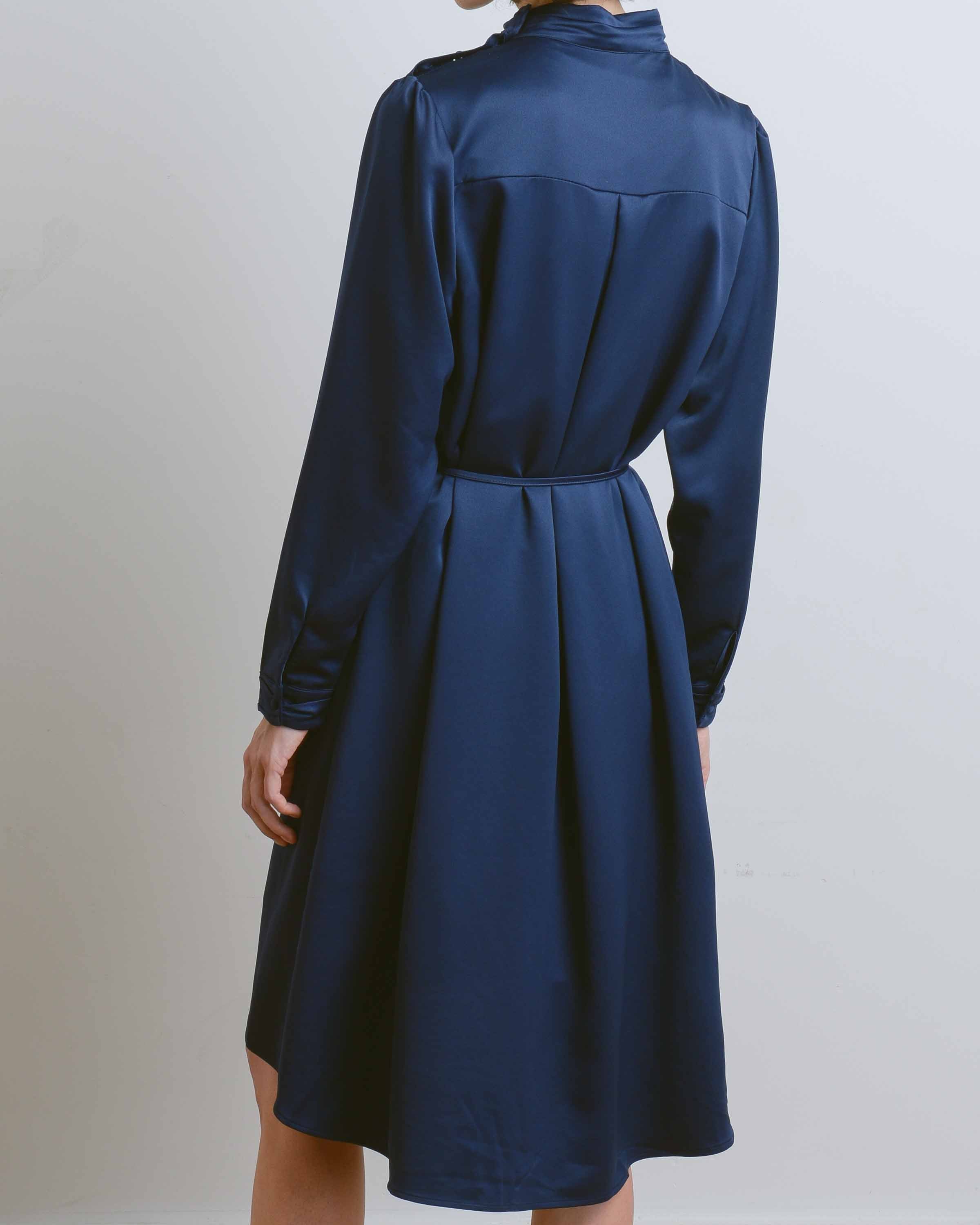 Navy High-Neck Shirring Dress