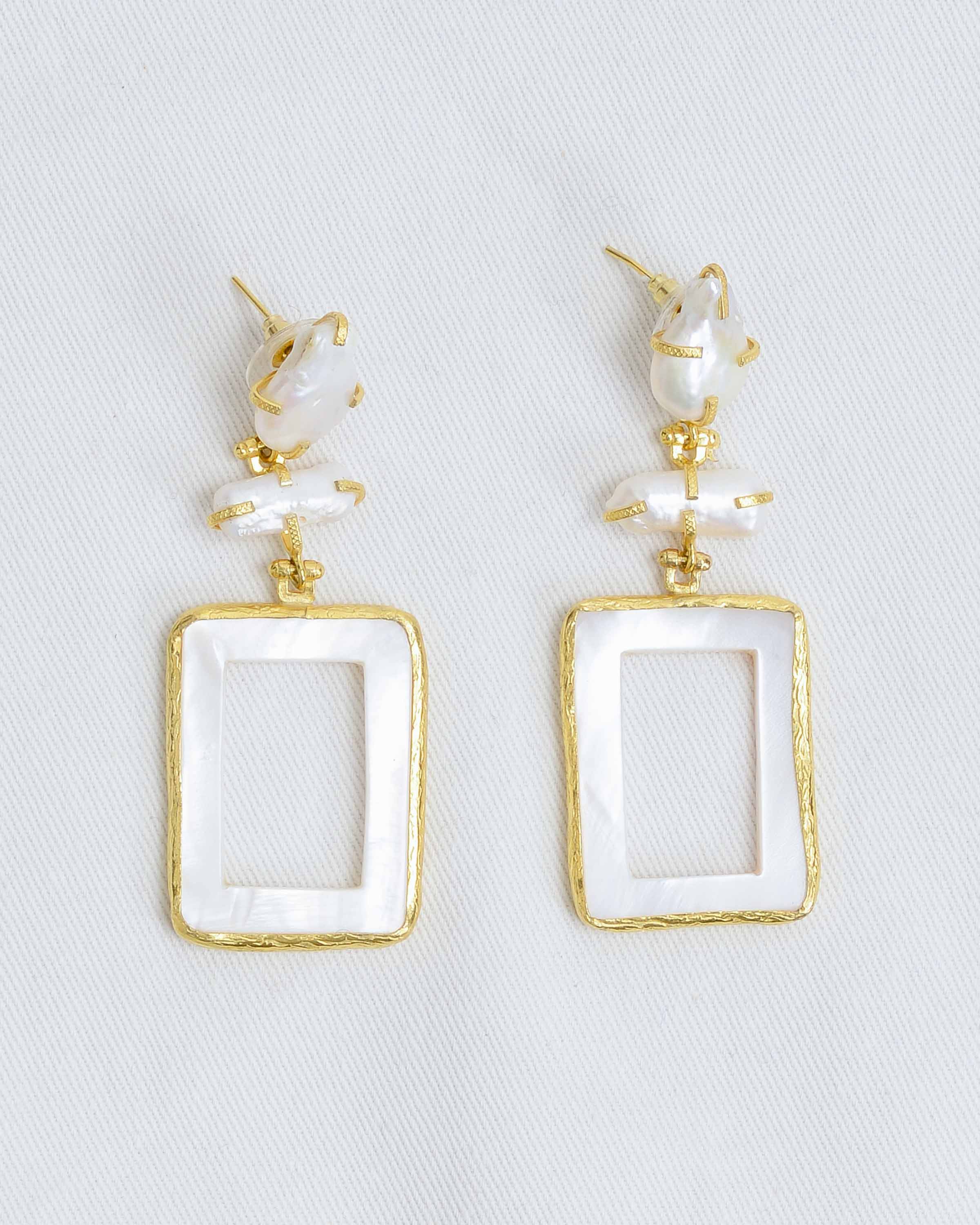 Pearl Gold Rectangle Statement Earrings
