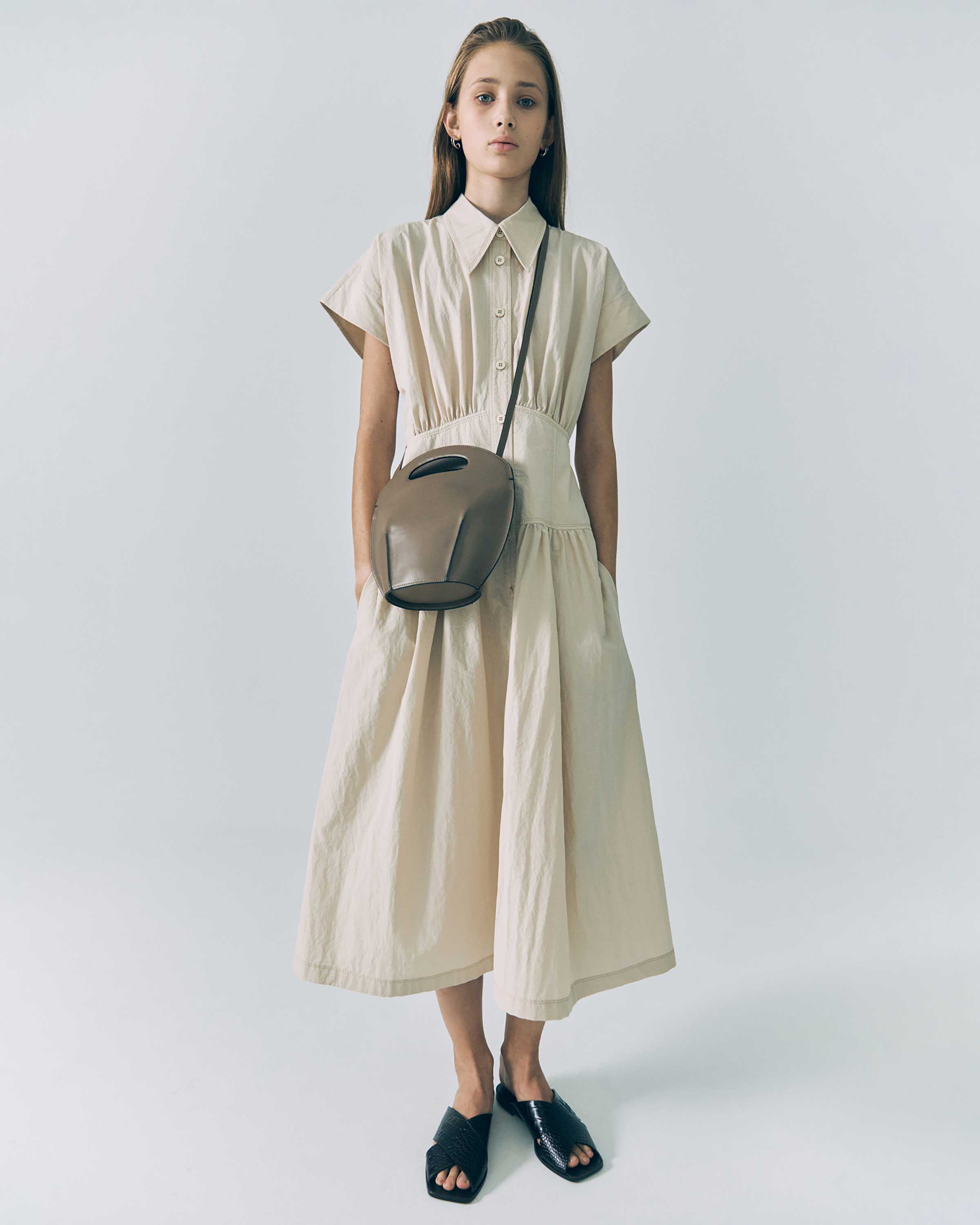 Light Beige Waist Shirring Dress