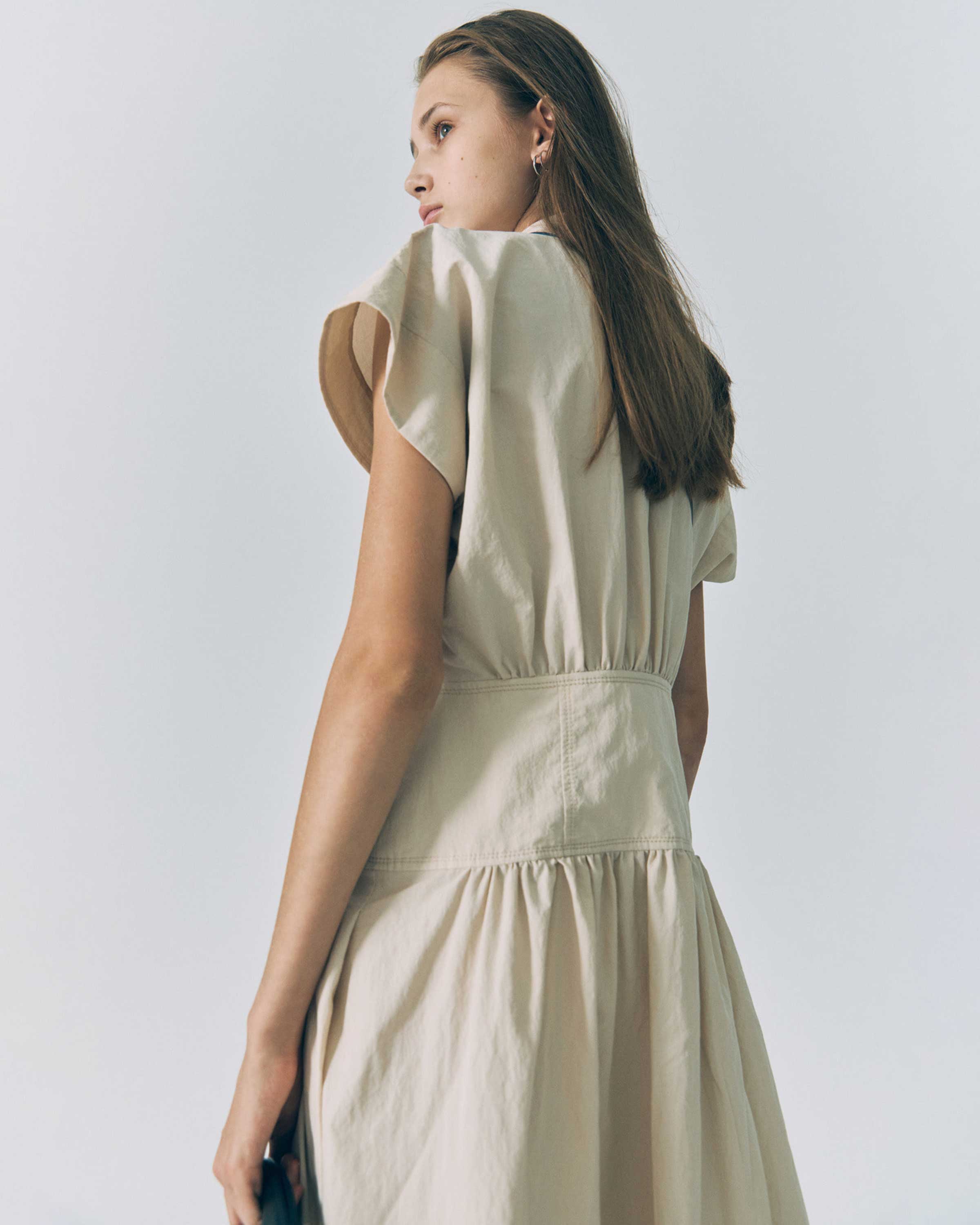 Light Beige Waist Shirring Dress